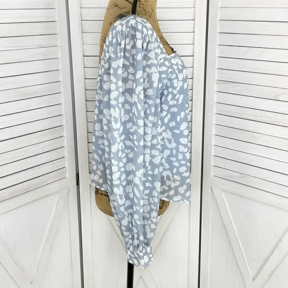 Lucca Petal Print Square‎ Neck Crop Blouse Blue White Large Long Balloon Sleeve